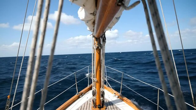 Classic sailboat bow navigating deep blue ocean, cutting through waves on a sunny day, tranquil marine travel, nautical adventure, serene sea exploration, yachting freedom.