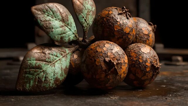 Rusting metal fruit sculpture with green patinated leaves rotating slowly, showcasing weathered texture and industrial aesthetic for art, antique decor, or craftsmanship B-roll.