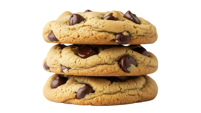 Stack of three chocolate chip cookies isolated PNG, delicious homemade dessert on transparent background