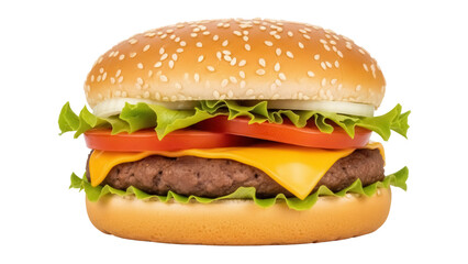 Delicious cheeseburger with sesame bun isolated PNG, juicy beef patty with cheese, tomato, lettuce and onion on transparent background, fast food