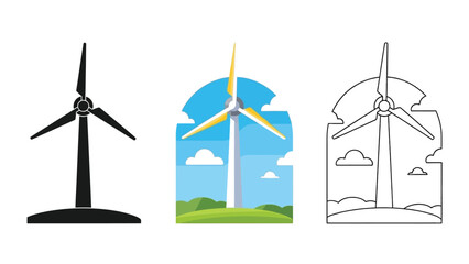 Collection of three distinct vector illustrations representing modern wind turbines for renewable energy generation