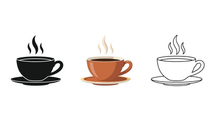 Collection of three steaming hot coffee cup icons presented in distinct graphical styles