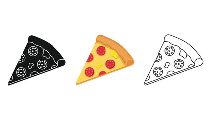Collection of pepperoni pizza slice icons presented in black silhouette color flat and outline styles