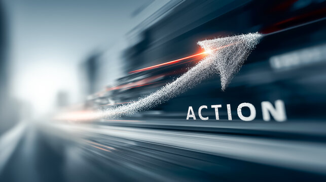 発光ラインの上向き矢印とAction文字｜目標達成・推進力の背景