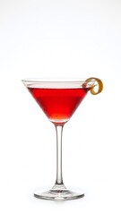 A cold red martini cocktail with a lemon slice and cherry served in a glass as a refreshing alcoholic beverage for a party