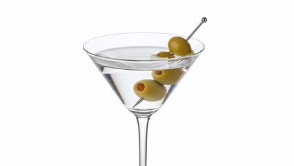A cold martini glass holds a refreshing alcoholic beverage garnished with a vibrant cherry, fresh lime, and a slice of lemon to create a colorful party drink isolated on white