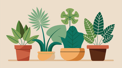 Fototapeta premium A collection of colorful potted plants and foliage on a beige background for indoor gardening and decoration