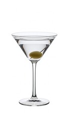 An isolated transparent martini glass contains a clear gin or vodka cocktail with a green olive, reflecting a blue celebration on a white background for a bar party beverage