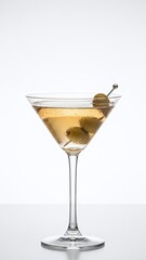 A cold gin martini with green olives in a glass served as a refreshing alcoholic cocktail at a bar party