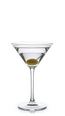 A transparent martini glass with a green olive is isolated on a white background, featuring a cold gin or vodka cocktail with a subtle reflection for a clean bar beverage aesthetic