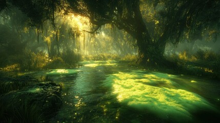 Sunlight filtering through dense forest canopy onto a glowing green swampy waterway