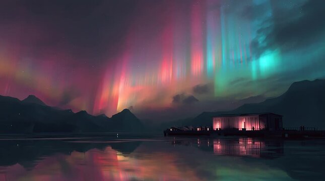 Spectacular Aurora Borealis Display Over Mountain Lake.