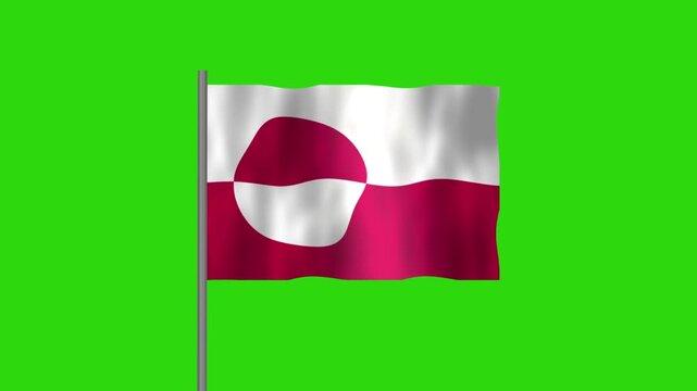 Flag of Greenland, Pole flag of Greenland on Green screen chroma key, Greenland  flag waving in the wind isolated on Green Background. 
