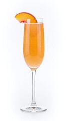 A fresh glass of cold orange juice served in a crystal flute beverage glass for a celebration party isolated on white with bubbly liquid and fruit