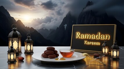 Ramadan Kareem with dates, honey, and lanterns against mountain backdrop