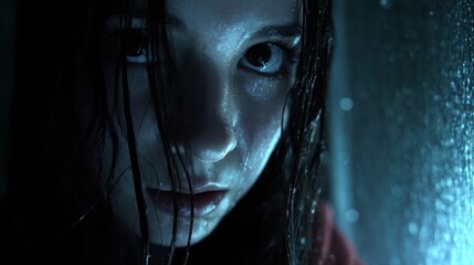 Dark Cinematic Portrait of Woman in Rain Horror Style