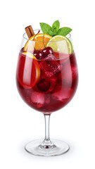 A fresh glass of red cherry juice with mint and ice cubes creates a healthy cold beverage isolated on white for a sweet fruit refreshment