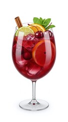 A fresh glass of red wine stands beside a sweet apple and grapes, creating a cold alcoholic beverage scene with fruit isolated on white