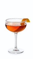 A cold red martini cocktail with a lemon slice and ice in a glass, served as a refreshing alcoholic beverage for a bar party isolated on white