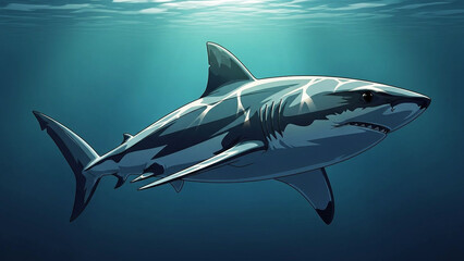 Obraz premium A magnificent and powerful great white shark gracefully swims through the cool, deep blue waters of the ocean, a symbol of raw wild nature and marine might