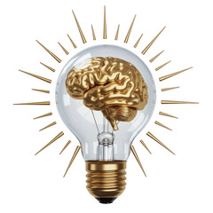 Gold brain inside light bulb with rays creative idea isolated on a transparent background