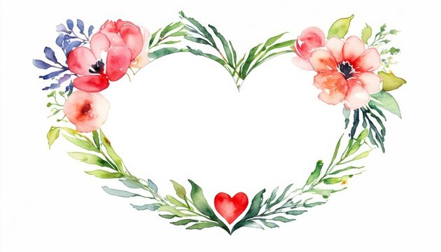 Minimal floral watercolor frame with heart-shaped empty center