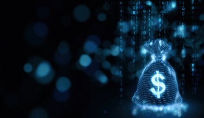 Digital currency concept: glowing money bag with dollar symbol amidst data stream