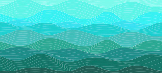 Abstract turquoise ocean waves vector background. Stylized water ripples with gradient blue and green layers for summer beach posters, marine covers, nature themed wallpapers. © SunwArt
