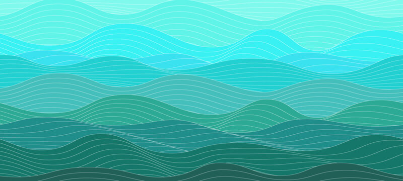 Abstract turquoise ocean waves vector background. Stylized water ripples with gradient blue and green layers for summer beach posters, marine covers, nature themed wallpapers.