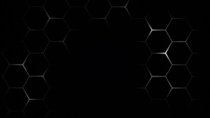 Pattern of glowing metallic hexagons on black background. Technology, connection and data concept....