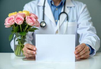 Greeting card for doctor with stethoscope and flowers on desk, selective focus