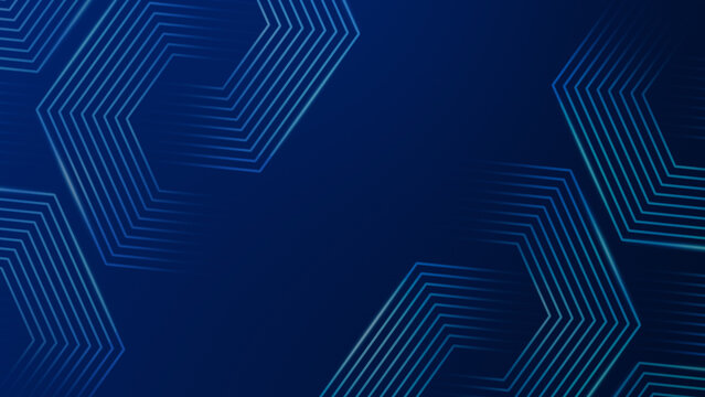 Several big fading hexagons made of light blue lines on blue background. Technology, connection and data concept. High resolution full frame abstract and modern background with copy space.