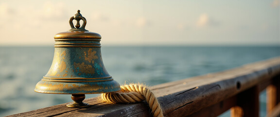 Ship bell on weathered mount near calm ocean at sunset  