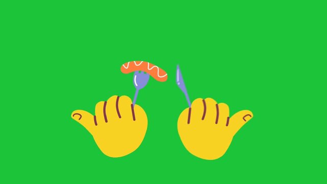 Animated hands holding fork and knife with sausage on green screen, cartoon food gesture loop for cooking, menu or fun videos