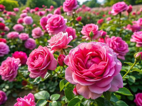 Beautiful Multicolored Roses in Full Bloom in Sunny English Garden