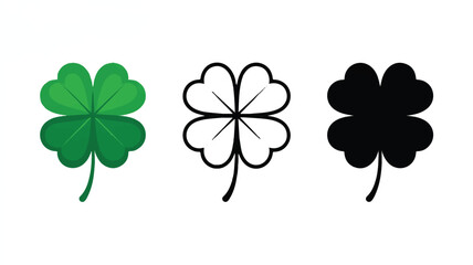 Four leaf clover icons in green black and white color schemes
