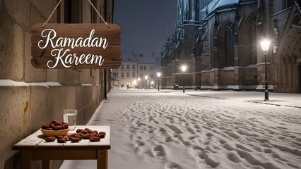 Ramadan Kareem in winter with dates and water on a snowy street