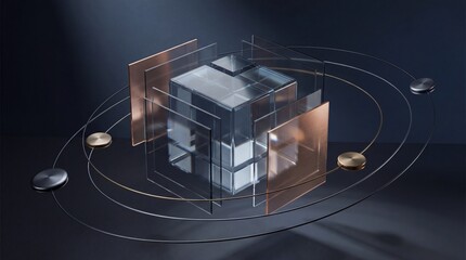 Abstract 3D cube structure with orbiting elements and transparent layers, futuristic system architecture, digital technology concept, innovation, and data processing visualization