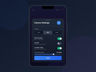 The interface displays camera settings with options for format selection, grid overlay, leveler adjustment, location tagging, and video resolution adjustment. It appears for a mobile device.