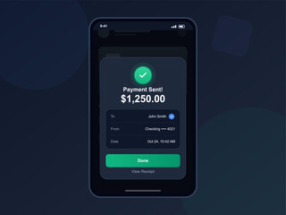 A mobile device shows a payment confirmation screen. The screen details a transaction of $1,250.00 sent to a recipient with specific account information.
