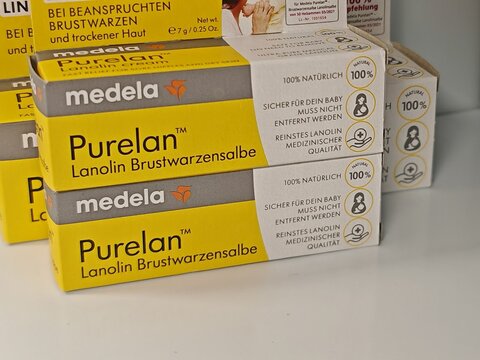 Prague,Czech Republic-14.01.2026: Medela Purelan nipple cream by Medela containing medical grade lanolin is used to soothe and protect sore nipples during breastfeeding and support skin barrier healin