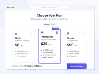 Obraz premium A subscription selection screen presenting different plans to access premium vector icons. Users can choose monthly or yearly billing options based on needs.