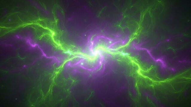 Vibrant green and purple cosmic nebula with swirling energy and distant stars - Powered by Adobe