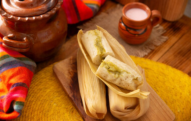 Tamales. Traditional dish typical of Mexico and some Latin American countries. Corn dough wrapped in corn leaves. The tamales are steamed.