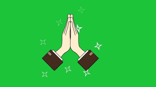 Animated praying hands with sparkling stars on green screen, cartoon gesture loop for gratitude, greeting or spirituality