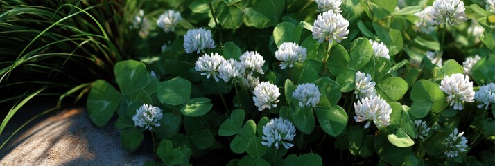 Lush white clover blossoms in sunlit garden setting