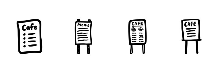Cafe Menu Icons In Hand Drawn Style Set. Restaurant Signage, Food And Beverage Offerings Doodle Sketch Collection. Hospitality And Dining Promotion. Isolated Vector Illustration