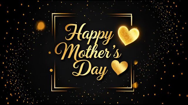 Golden hearts celebrating Mother's Day with elegant script and glowing ornaments