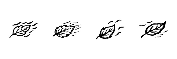 Leaves Blowing In Wind In Hand Drawn Style Set. Nature, Movement, Seasonal Change Doodle Sketch Collection. Autumn Breeze Illustration. Isolated Vector Illustration
