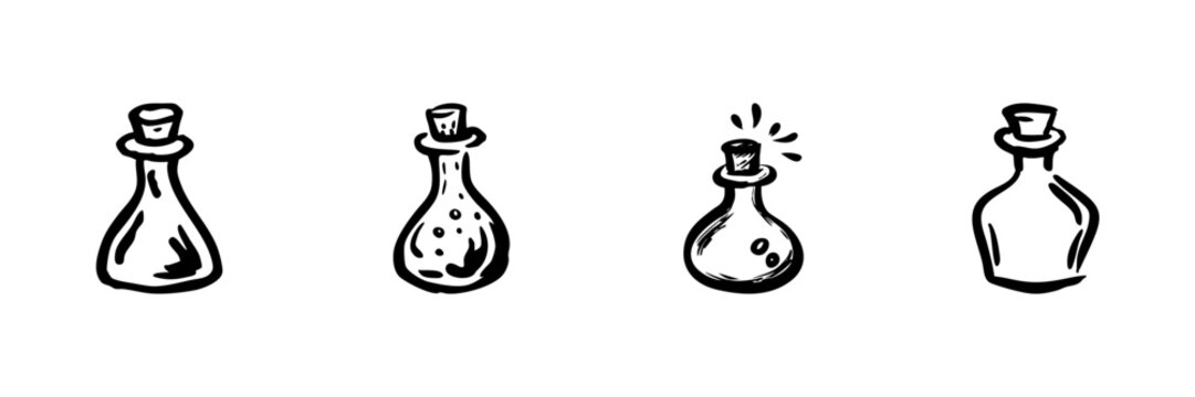 Potion Bottles In Hand Drawn Style Set. Magical Elixirs, Alchemy, And Fantasy Doodle Sketch Collection. Wizardry And Sorcery Elements. Isolated Vector Illustration